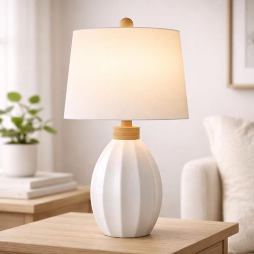 23.5-Inch Modern White Ceramic Table Lamp with Linen Shade for Bedroom
