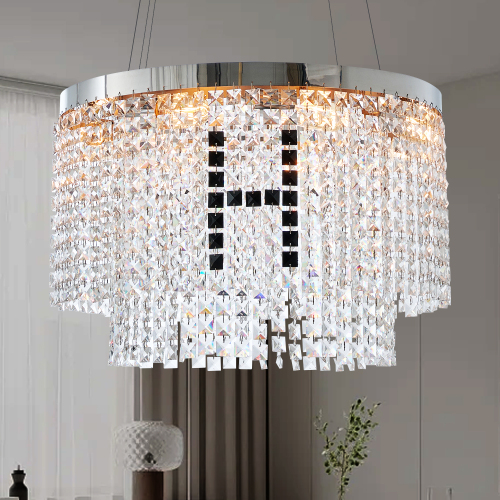 Modern Transparent Crystal Round Chandelier, 23.60-Inch Living Room Light