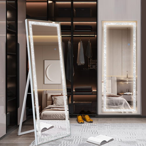 Modern Transparent Glass LED Full-Length Mirror, 64.96 x 23.62 in