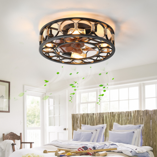 19.7-Inch Black Iron Caged Flush Mount Ceiling Fan with Lights
