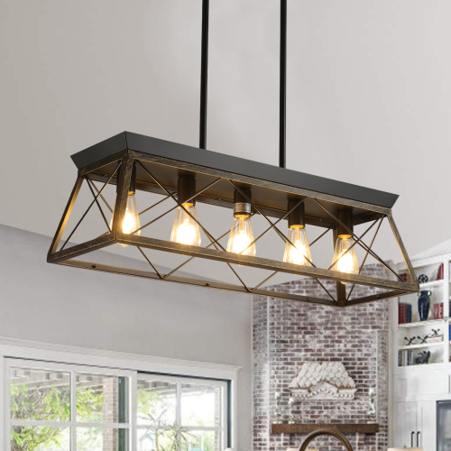 32-Inch Black Gold Iron 5-Light Industrial Cage Chandelier