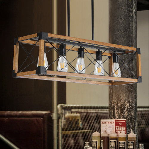 32-Inch Walnut Iron 5-Light Industrial Farmhouse Pendant Chandelier