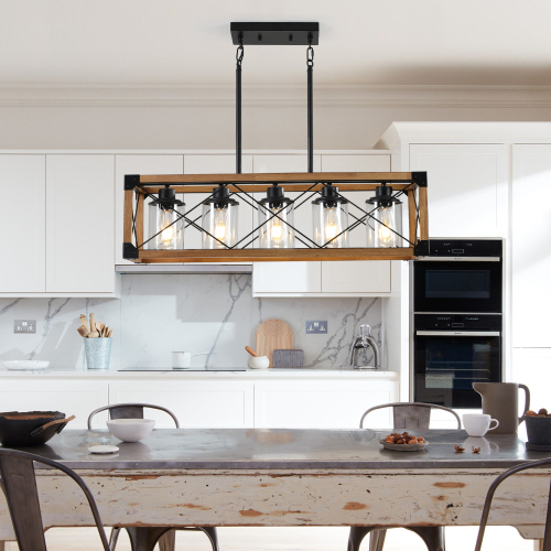 32-Inch Walnut Iron 5-Light Industrial Farmhouse Pendant Chandelier - Walnut - Iron - Walnut - Iron - 5-Light