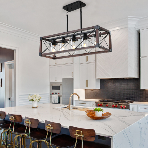 32-Inch Black & Red Wood and Iron 5-Light Farmhouse Pendant