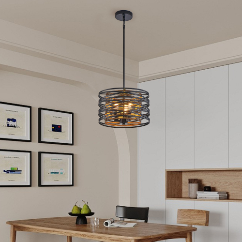 13-Inch Walnut and Black Iron 3-Light Cage Chandelier with Wood Accents