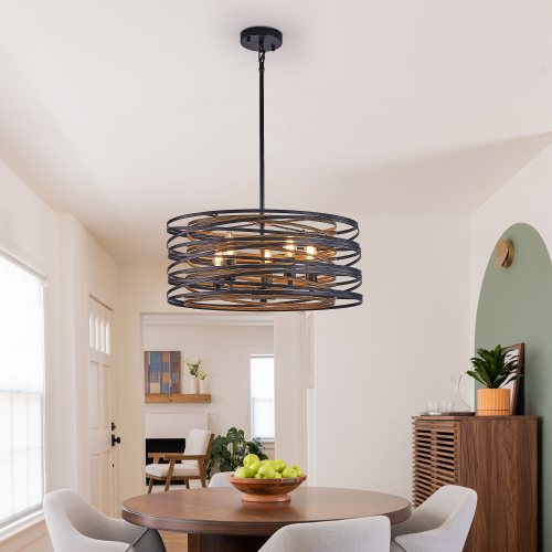 20-Inch Rustic Industrial 5-Light Iron Cage Pendant, Black & Walnut