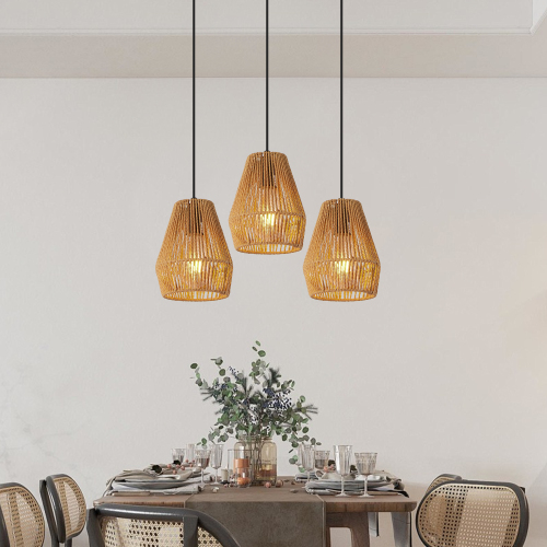 7" Set of 3 Rustic Wood & Iron Rope Pendant Lights, No Bulbs