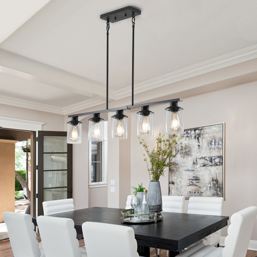 37-Inch Black Iron 5-Light Chandelier with Clear Glass Shades