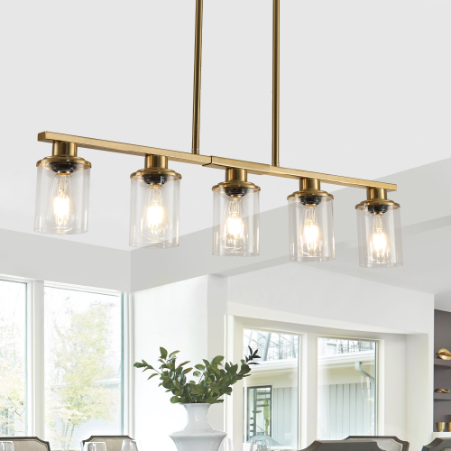 37-Inch Gold Iron 5-Light Chandelier with Clear Glass Shades
