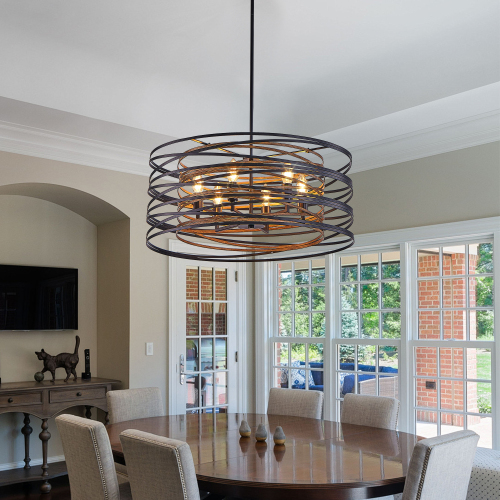 24-Inch Walnut and Black Iron 6-Light Cage Pendant Chandelier