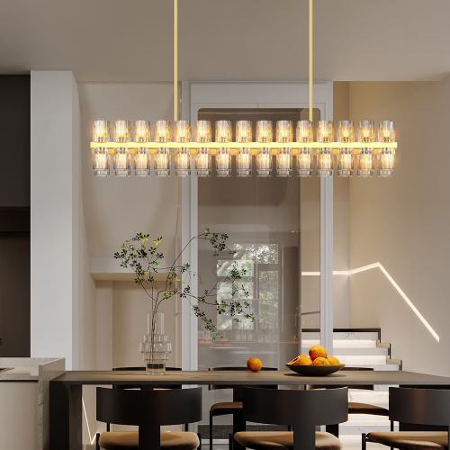54-Inch Gold Iron Rectangle Crystal Chandelier for Dining Room