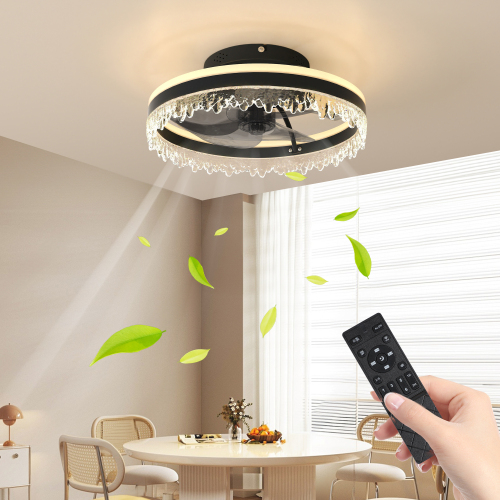 Black 16-Inch Iron LED Ceiling Fan Light with Crystal Design