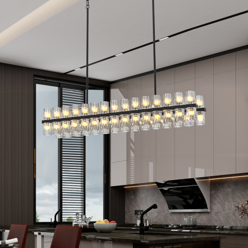 Rectangular Black Iron Chandelier with K9 Crystals for Living Rooms