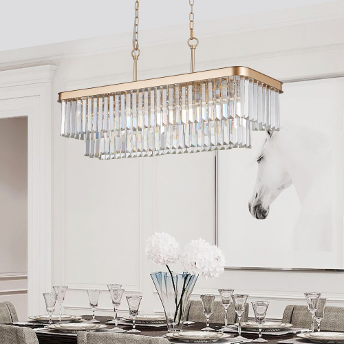Gold Rectangular Crystal Chandelier, Adjustable Iron Light, 33.5-Inch