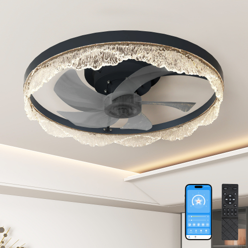 20-Inch Black Iron LED Ceiling Fan Light with Hidden Blades, Remote