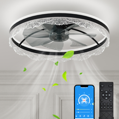 24-Inch Black Iron Ceiling Fan Light with Hidden Blades, Flush Mount