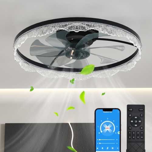 24-Inch Black Iron Flush Mount LED Ceiling Fan Light with Remote