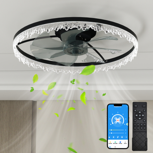 24-Inch Black Iron Crystal Flush Mount LED Ceiling Fan with Light
