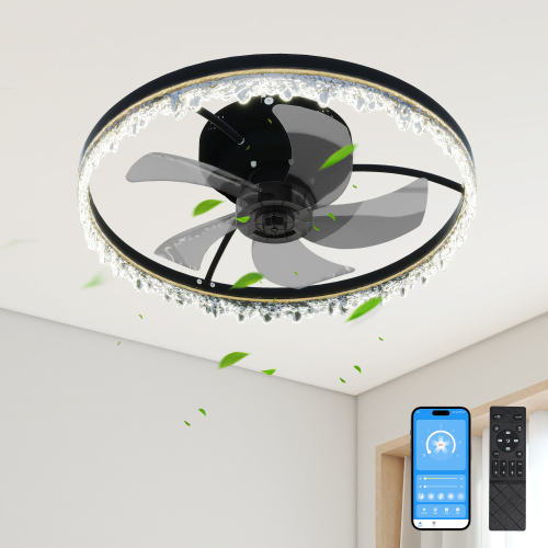 20-Inch Black Iron Smart Flush Mount Ceiling Fan with LED Light