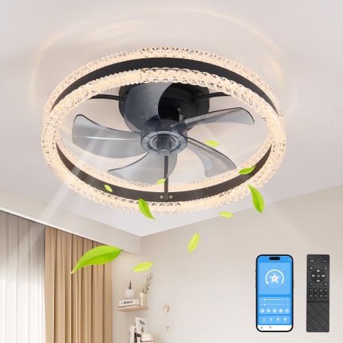 20-Inch Black Iron Double-Ring LED Ceiling Fan with Light, Flush Mount