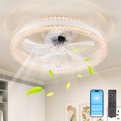 20-Inch White Iron Double-Ring LED Flush Mount Ceiling Fan Light