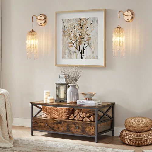 Set of 2 Gold Iron Wall Sconces with Cascading Crystal Beads, E12