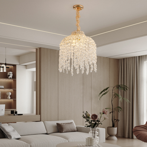 16-Inch Gold Iron 5-Light Crystal Waterfall Pendant Chandelier