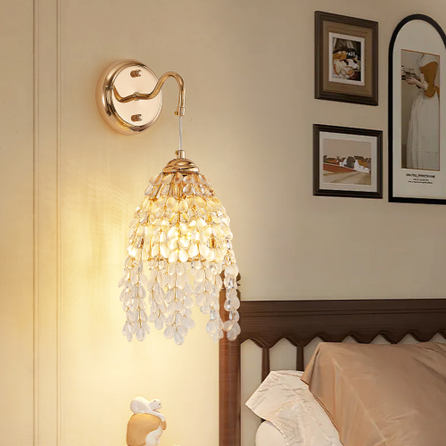 Set of 2 Gold Iron Crystal Grape Bead String Wall Sconces, E12