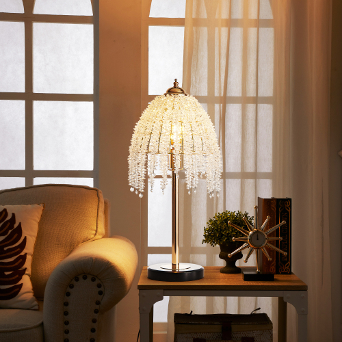 19-Inch Gold Iron Table Lamp with Crystal Beads and Waterfall Design