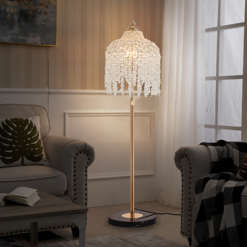 3-Light Gold Iron Crystal Waterfall Floor Lamp with Marble-Texture Base
