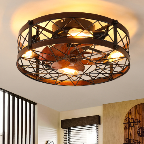 20-Inch Black Iron Caged Flush Mount Ceiling Fan with Light Fixture