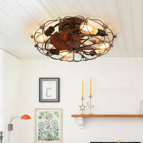 Low Profile Caged Ceiling Fan with Lights Remote Control, Embedded modern industrial ceiling fan - Black - Iron