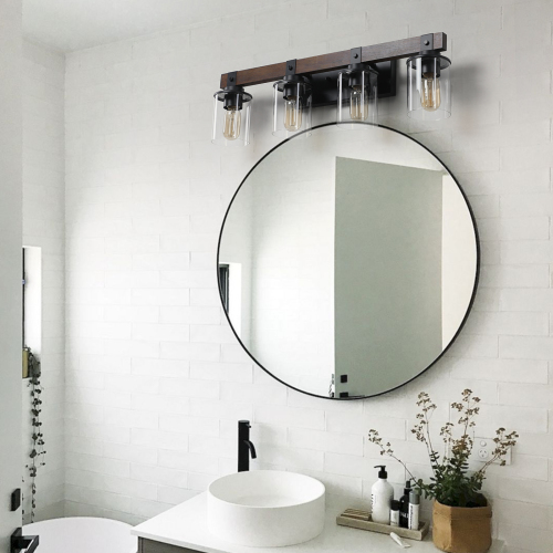 27-Inch Walnut Iron 4-Light Vanity Sconce with Glass Shades