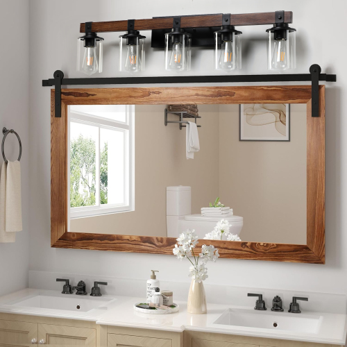 35-Inch Rustic 5-Light Iron Vanity Light with Walnut Accent