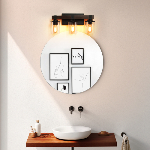 19-Inch Walnut Iron 3-Light Vanity Wall Sconce with Glass Shades