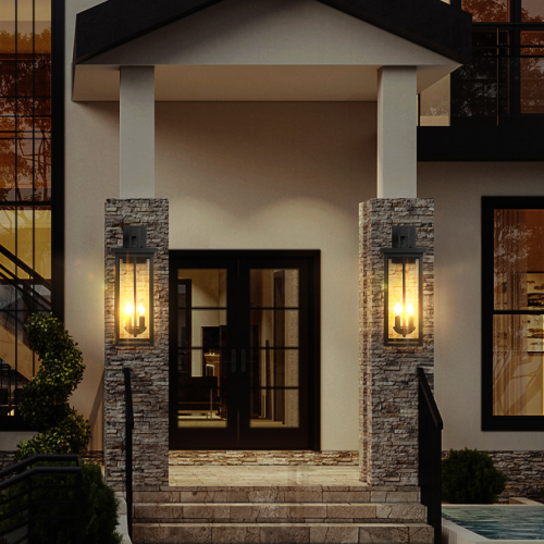Set of 2 Black Aluminum 22-Inch Dusk-to-Dawn Outdoor Wall Lanterns