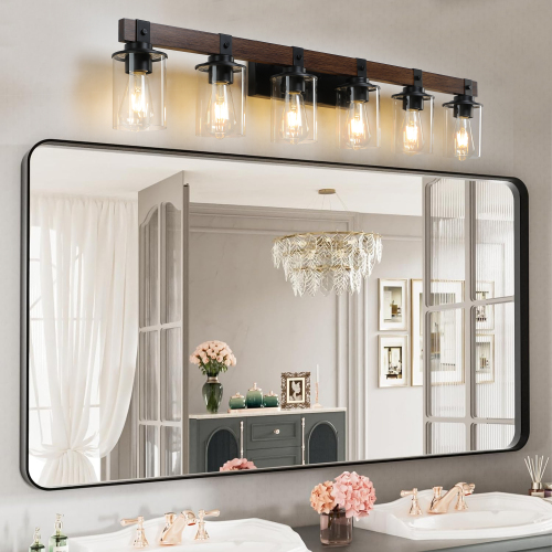 42-Inch Walnut Iron 6-Light Rustic Vanity Light with Glass Shades