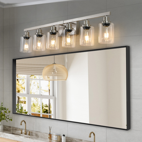 Modern 6-Light Chrome Iron Vanity Fixture with Clear Glass Shades
