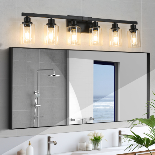 37" Modern 6-Light Bathroom Vanity Light Fixture - Black Finish with Clear Glass Shades, Perfect for Bathroom, Vanity, and Dressing Area Lighting (No Bulbs) - Iron - Iron - Not Specified