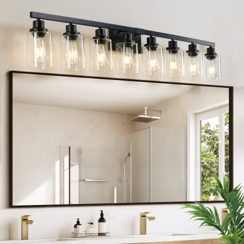 Black 8-Light Iron Vanity Light with Clear Glass Shades, 51-Inch