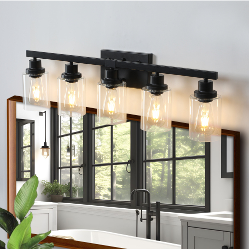31" Black Iron 5-Light Vanity Wall Sconce with Clear Glass Shades