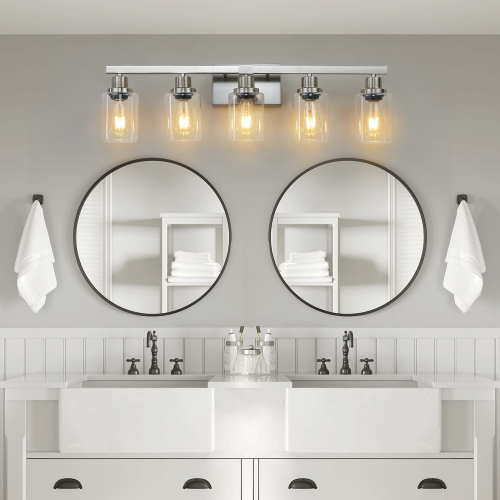 31-Inch 5-Light Chrome Iron Vanity Fixture with Clear Glass Shades