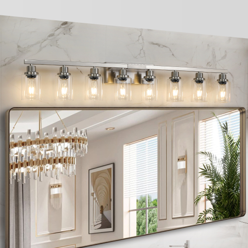 51-Inch Chrome Iron 8-Light Vanity Fixture with Clear Glass Shades
