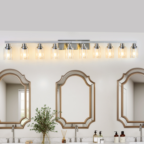 10-Light Chrome Iron Bathroom Vanity Light with Clear Glass Fixture