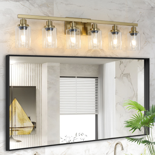 37-Inch Gold 6-Light Iron Vanity Light with Clear Glass Shades