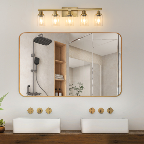 31" Gold 5-Light Iron Vanity Wall Fixture with Clear Glass Shades