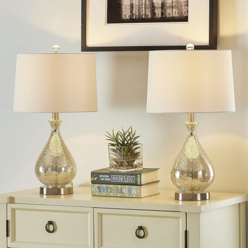 Set of 2 Modern 23-Inch Clear Glass Lamps with Nickel Bases & Linen Shades
