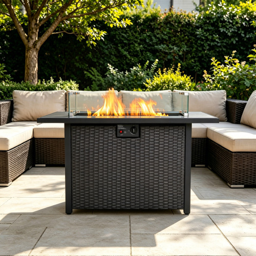 44-Inch Black 2-in-1 Propane Fire Pit Table, Tempered Glass, Sheet Metal & Wicker