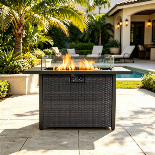 44-Inch Black+Brown Fire Pit Table, 50,000 BTU, Tempered Glass, Metal, Wicker