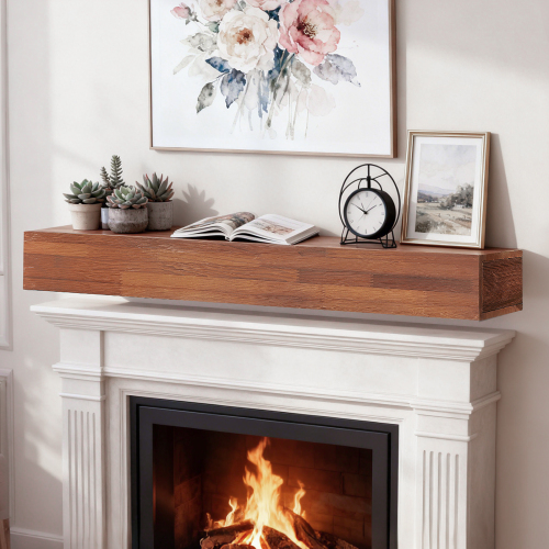 60-Inch Brown Solid Wood Rustic Floating Fireplace Mantel Shelf